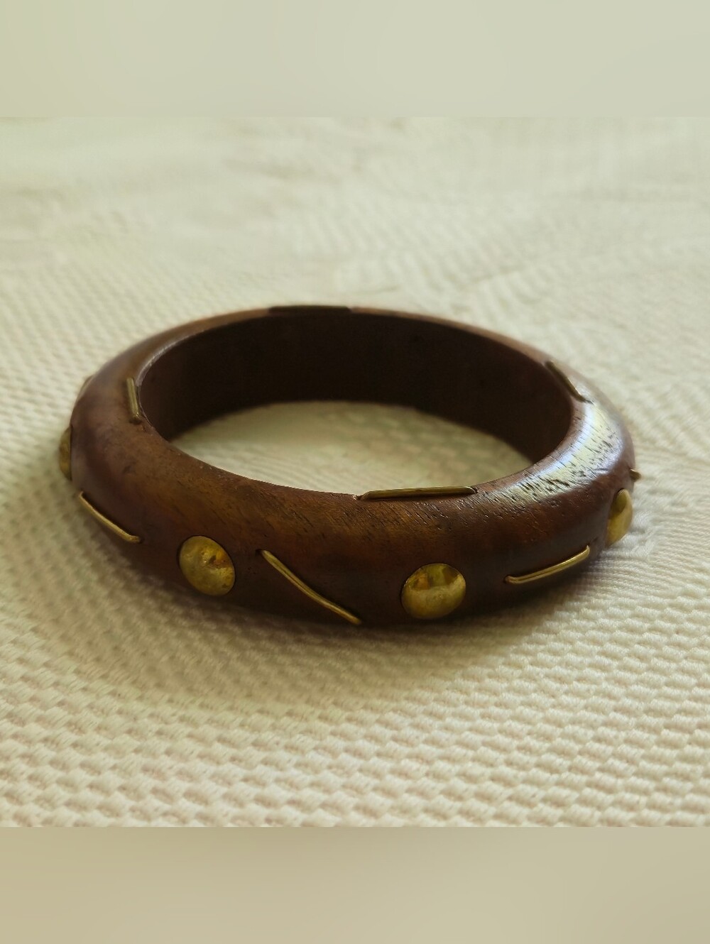 Vintage Handcrafted Brown Wooden Bracelet with Brass Accents Bohemian Western